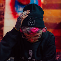 Black Embroidered Ghost Beanie