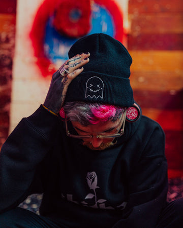 Black Embroidered Ghost Beanie