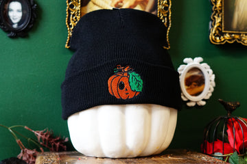 Black Embroidered Pumpkin Beanie