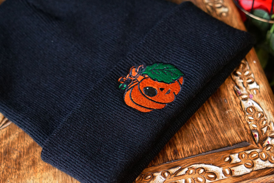 Black Embroidered Pumpkin Beanie