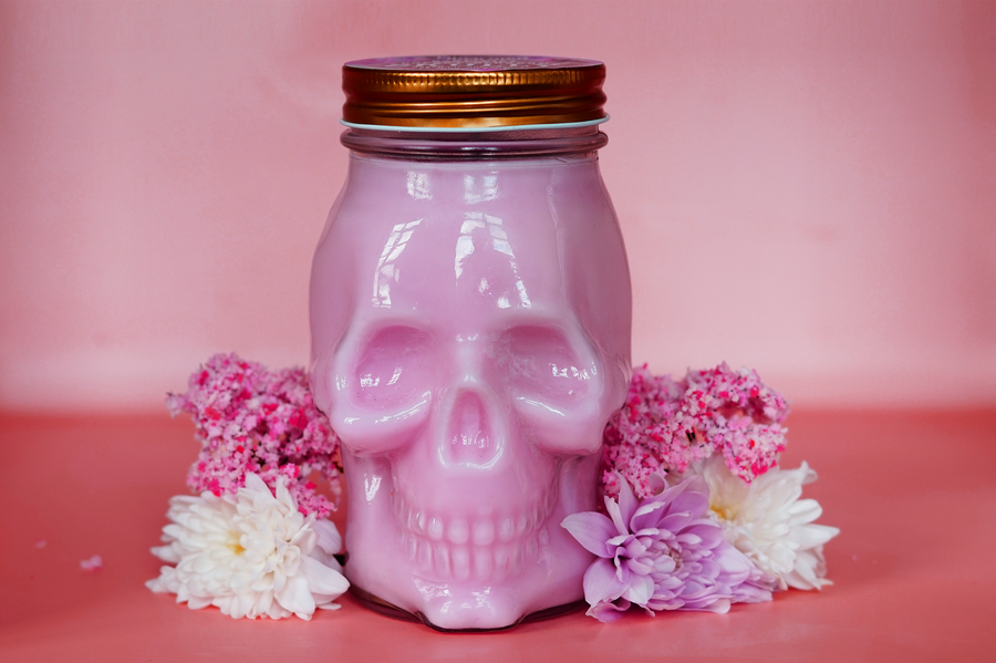 Pink Cherry Blossom Skully Candle (VG)