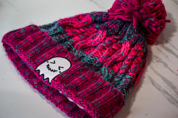 Winter Berries Embroidered Ghost Pom Pom Beanie