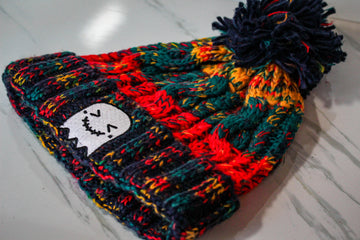 Retro Colours Embroidered Ghost Pom Pom Beanie