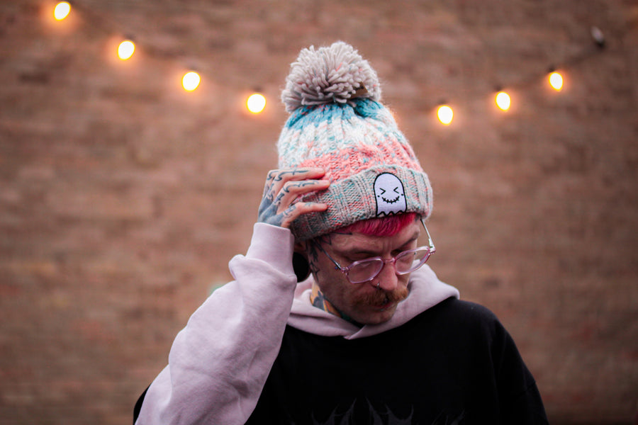 Milkshake Embroidered Ghost Pom Pom Beanie