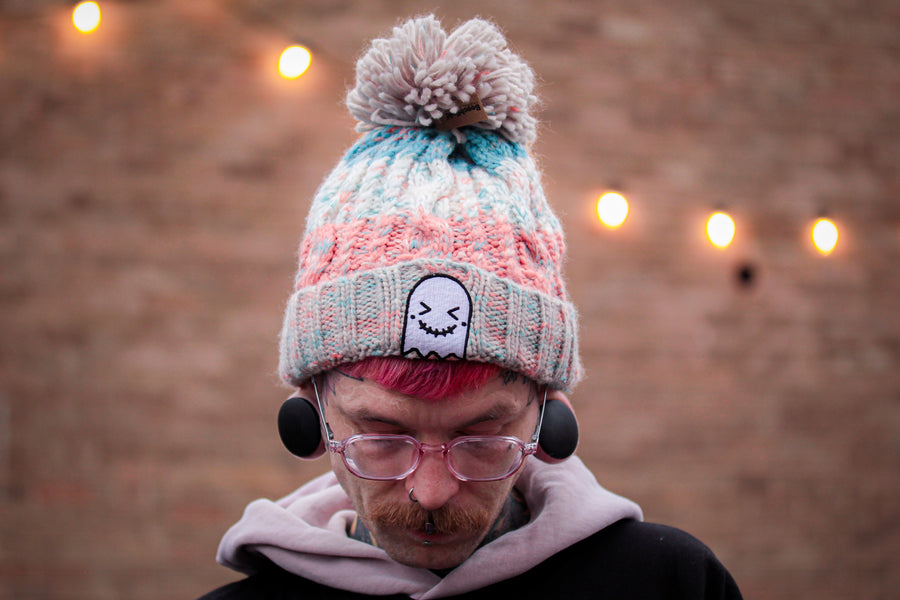 Milkshake Embroidered Ghost Pom Pom Beanie