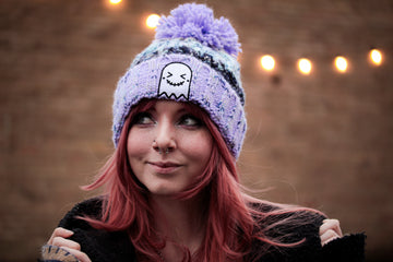 Lavendar Fizz Embroidered Ghost Pom Pom Beanie