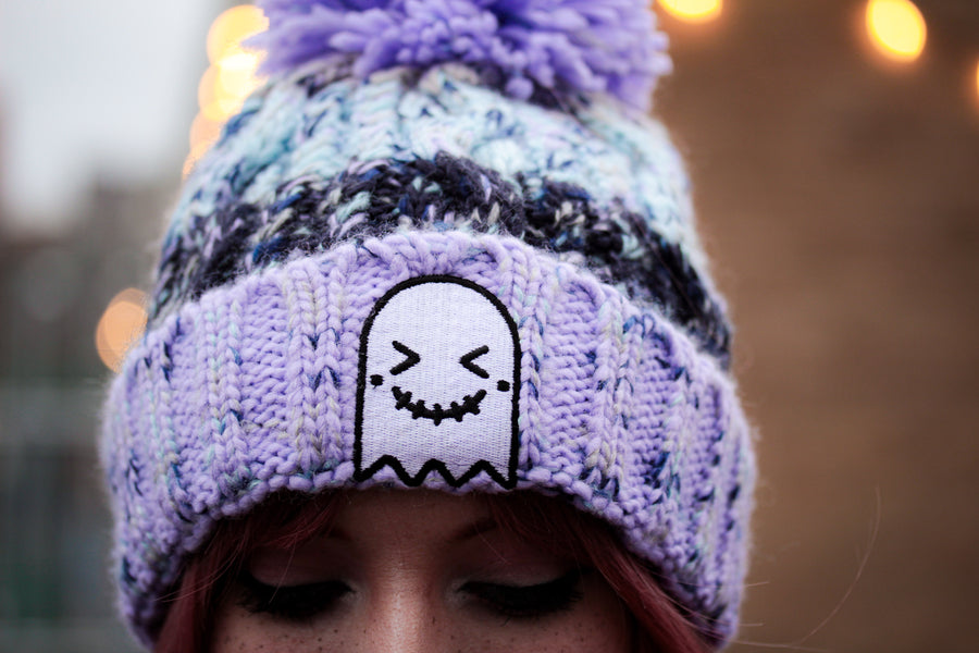 Lavendar Fizz Embroidered Ghost Pom Pom Beanie