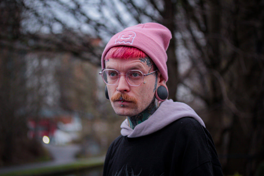 Pink Embroidered Ghost Beanie