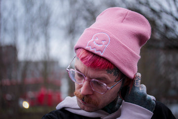 Pink Embroidered Ghost Beanie