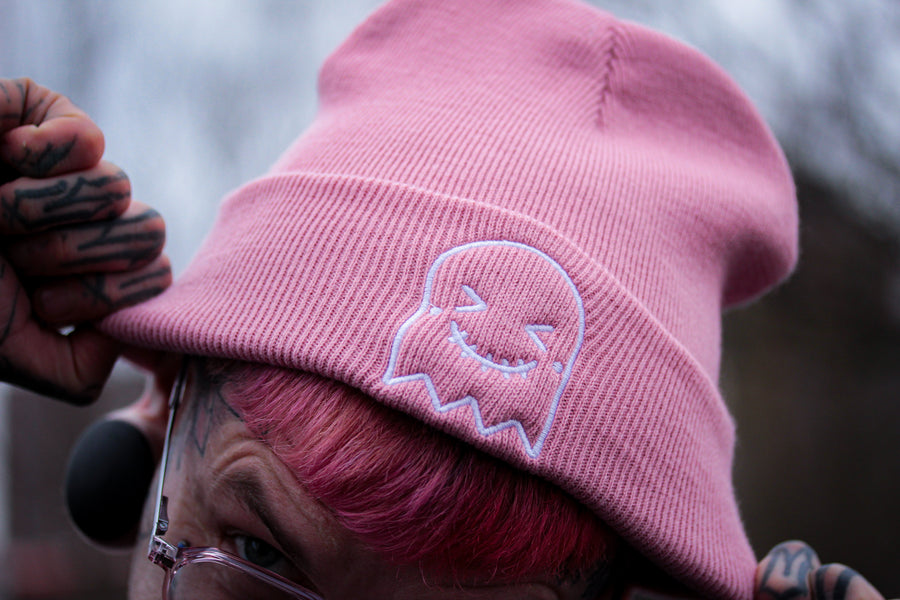 Pink Embroidered Ghost Beanie