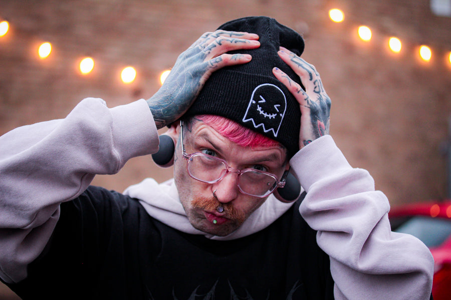 Black Embroidered Ghost Beanie