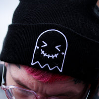 Black Embroidered Ghost Beanie