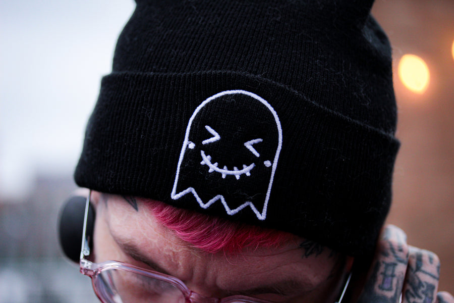 Black Embroidered Ghost Beanie