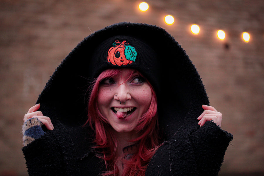 Black Embroidered Pumpkin Beanie