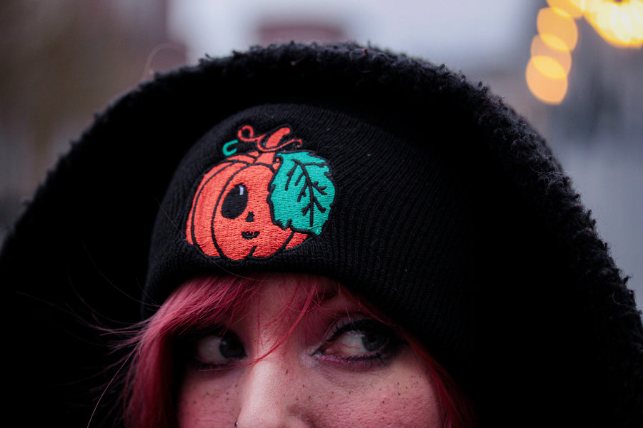 Black Embroidered Pumpkin Beanie