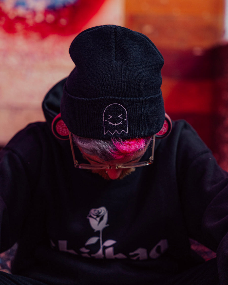 Black Embroidered Ghost Beanie