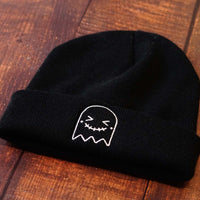 Black Embroidered Ghost Beanie