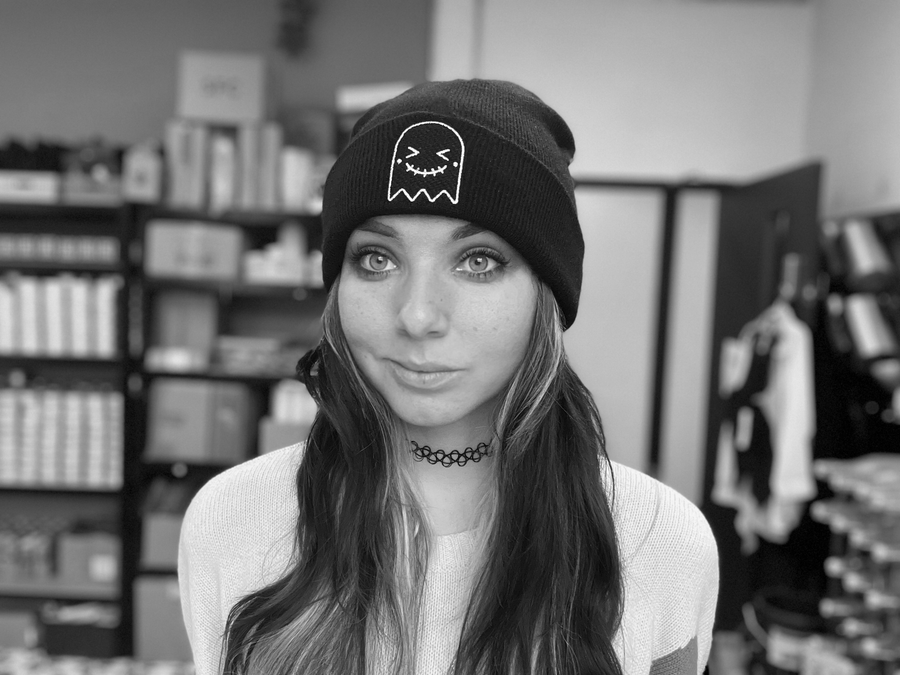 Black Embroidered Ghost Beanie